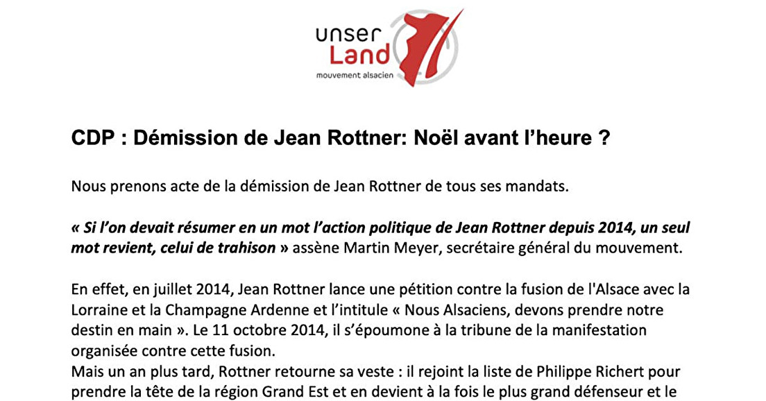 COMMUNIQUE DE PRESSE : Démission de Jean Rottner : Noël avant l'heure ?