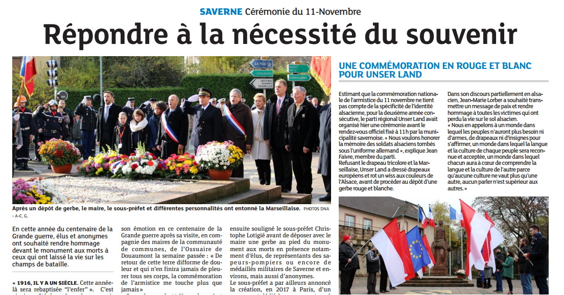 Article DNA du 12 novembre du dépôt de gerbe à Saverne le 11 novembre 2016