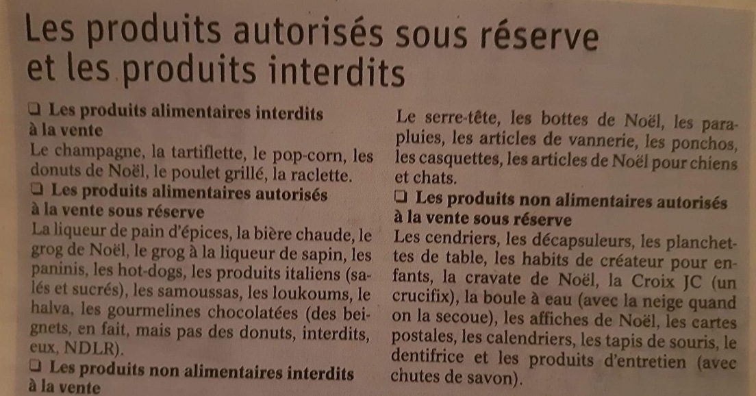 Liste d'objets autorisés et d'autres proscrits au Marché de Noël