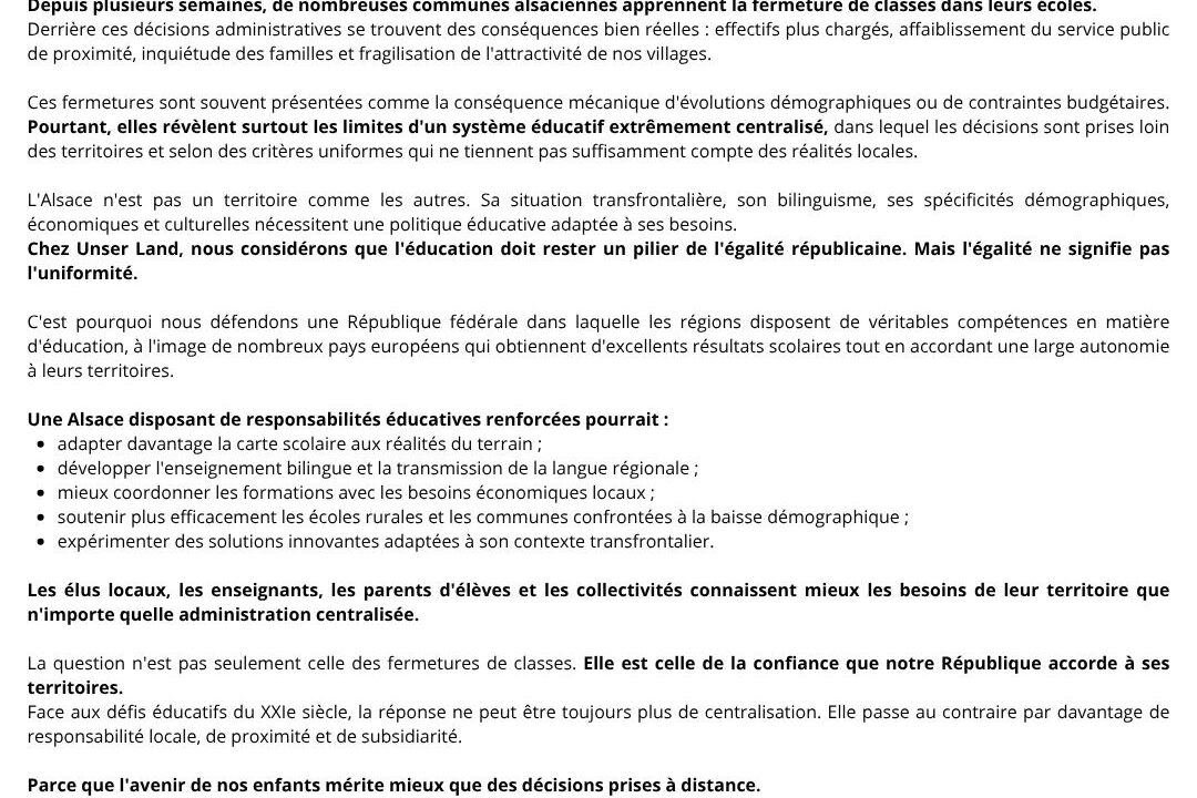 🏫 Non aux fermetures de classes aveugles en #Alsace ! Les décisions hyper-centralisées fragilisent nos écoles et nos villages.